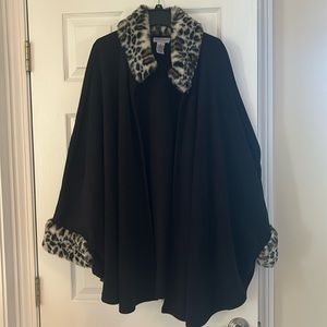 Beautiful black shawl with leopard collar and wrist trim! Large! Gorgeous!